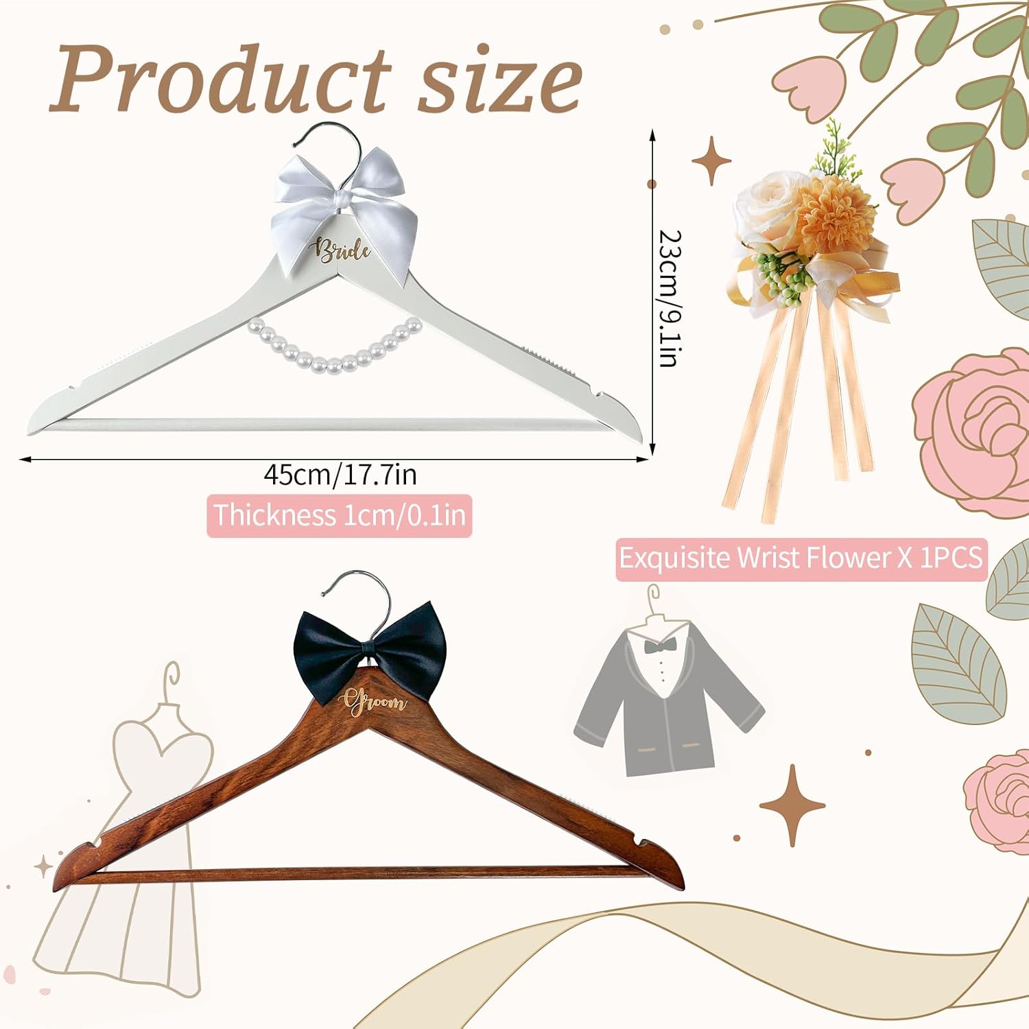 2 Pack Wedding Hangers Gifts Accessories, Groom Bride Hanger for Wedding Dress or Suit, Bridal Hanger with Bow Tie & Exquisite Wrist Flower and Pearl for Bridal Party