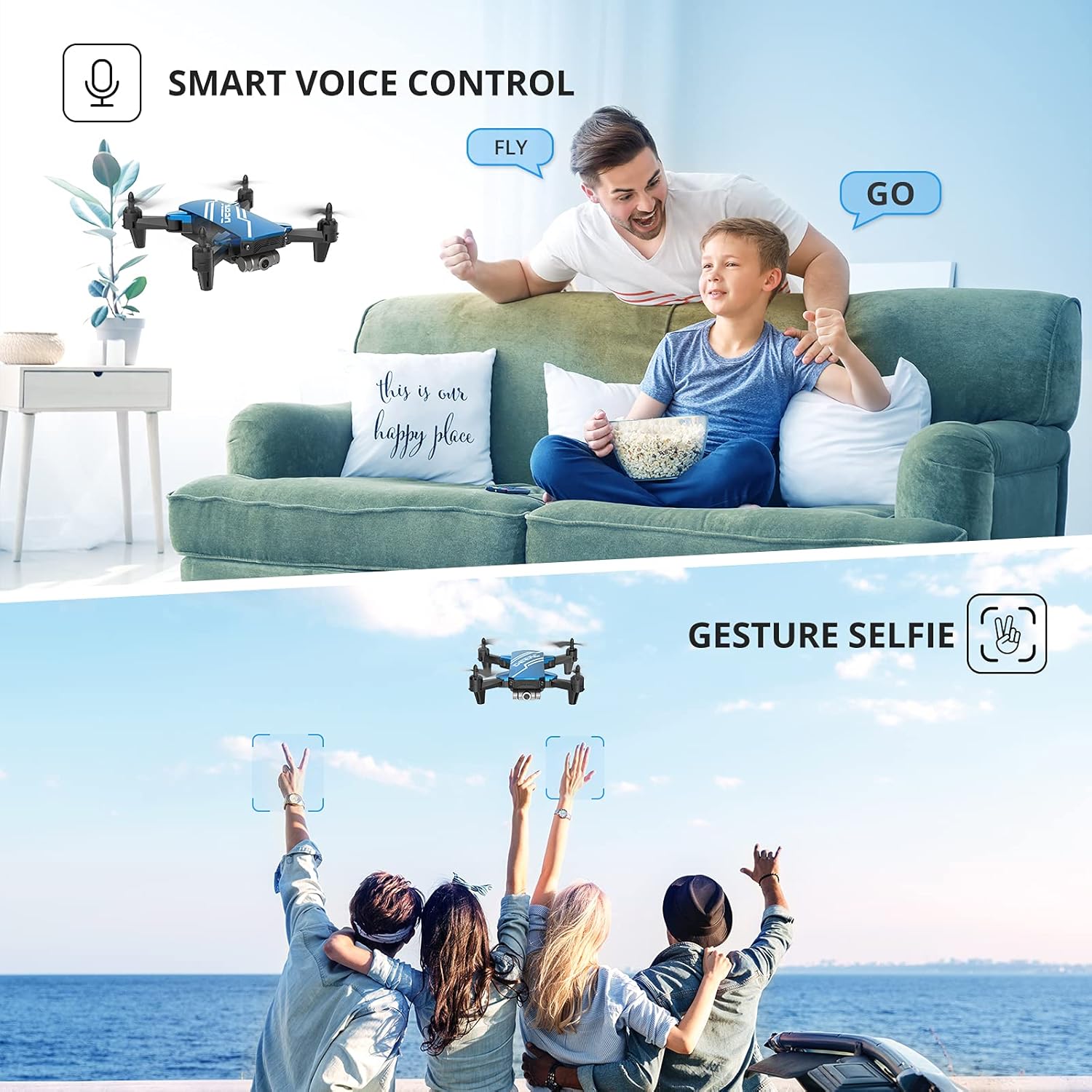 DEERC D20 Mini Drone with Camera for Kids, Remote Control Toys Gifts for Boys Girls with Voice Control, Gestures Selfie, Altitude Hold, Gravity Control, One Key Start, 3D Flips 2 Batteries, Blue : Toys & Games