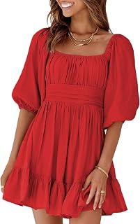 Womens Summer Dresses Square Neck Tie Back Lantern Sleeve Ruffle A-Line Casual Dress