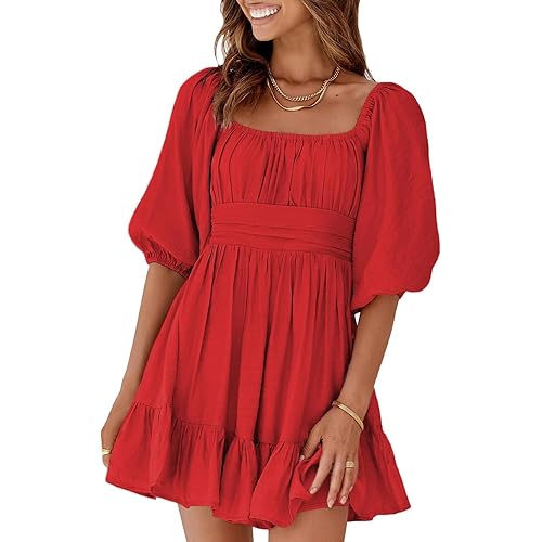 Dokotoo Womens Summer Dresses Square Neck Tie Back Lantern Sleeve Ruffle A-Line Casual Dress