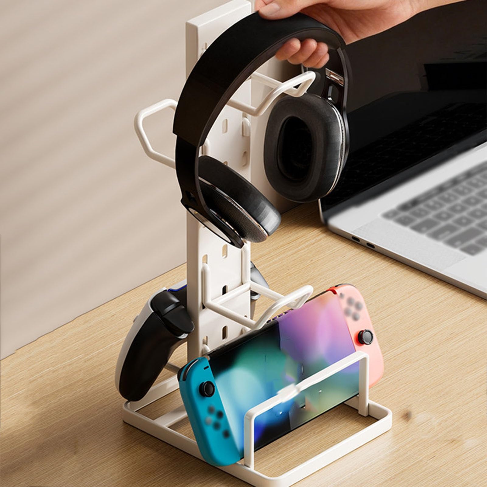 Soporte for Auriculares supraaurales/Organizador de Control de Juegos de Escritorio: Ganchos de Varios Niveles, Capacidad de Carga de 12 kg, configuraciones de Escritorio(White)