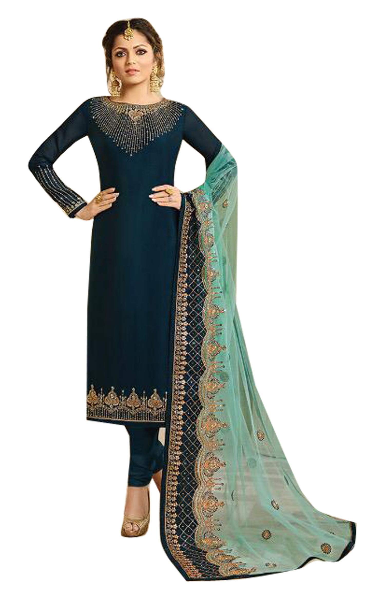 Fashion KrezaSatin Georgette Top Fabric, Santoon Bottom Fabric, Net And Heavy Embroidery Work Dupatta Fabric,Embroidery Work Salwer Suit Dress Material For Women's