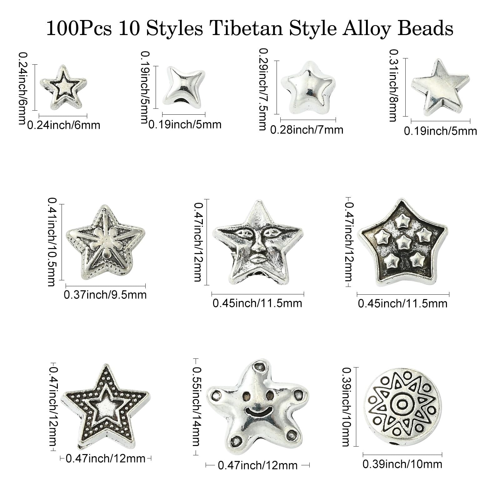 UR URLIFEHALL 100 Pcs 10 Styles Tibetan Silver Star Spacer Beads Retro Star Shaped Beads for Jewellery Making DIY Bracelets Necklaces Crafts - Image 2