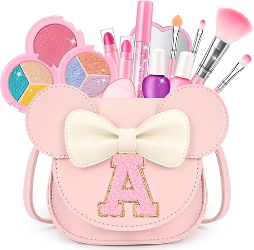 Kit de maquillaje infantil para niñas, juego de maquillaje lavable real, 18 piezas, cosmético no tóxico para niños pequeños con bolsa de oreja de