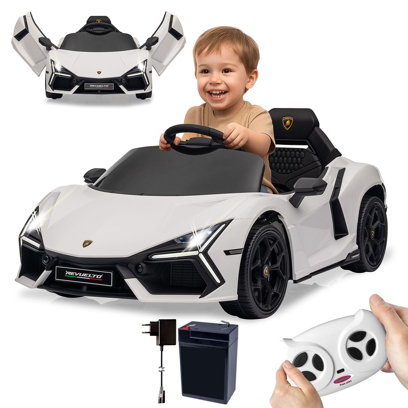 JAMARA 461881 Ride-on Lamborghini Revuelto 2,4 GHz Li-Power 12.6, samochód elektryczny dla dzieci od 3 lat, elektryczny samochód dziecięcy, kierownica, pomysł na prezent, światło, rolki transportowe