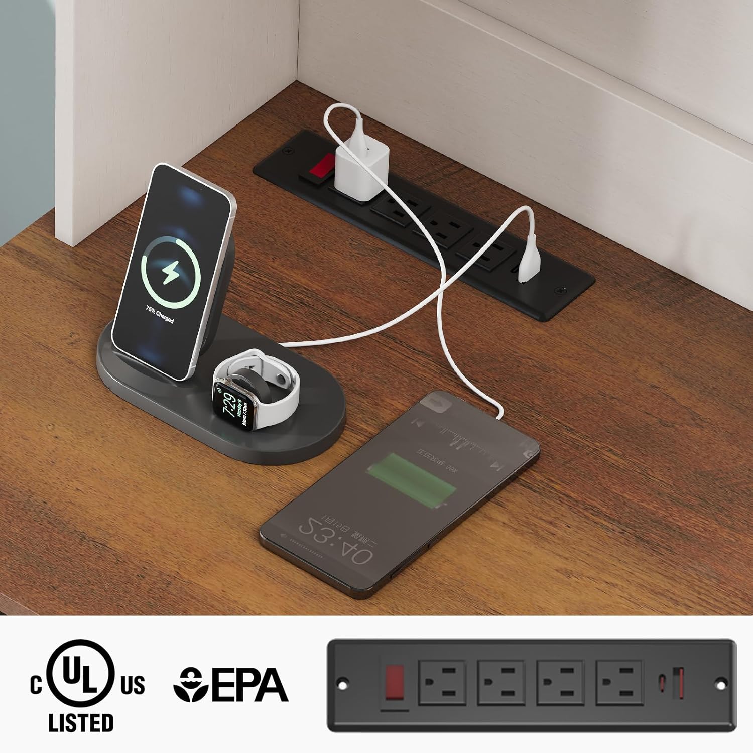 Close-up of the charging station with devices connected