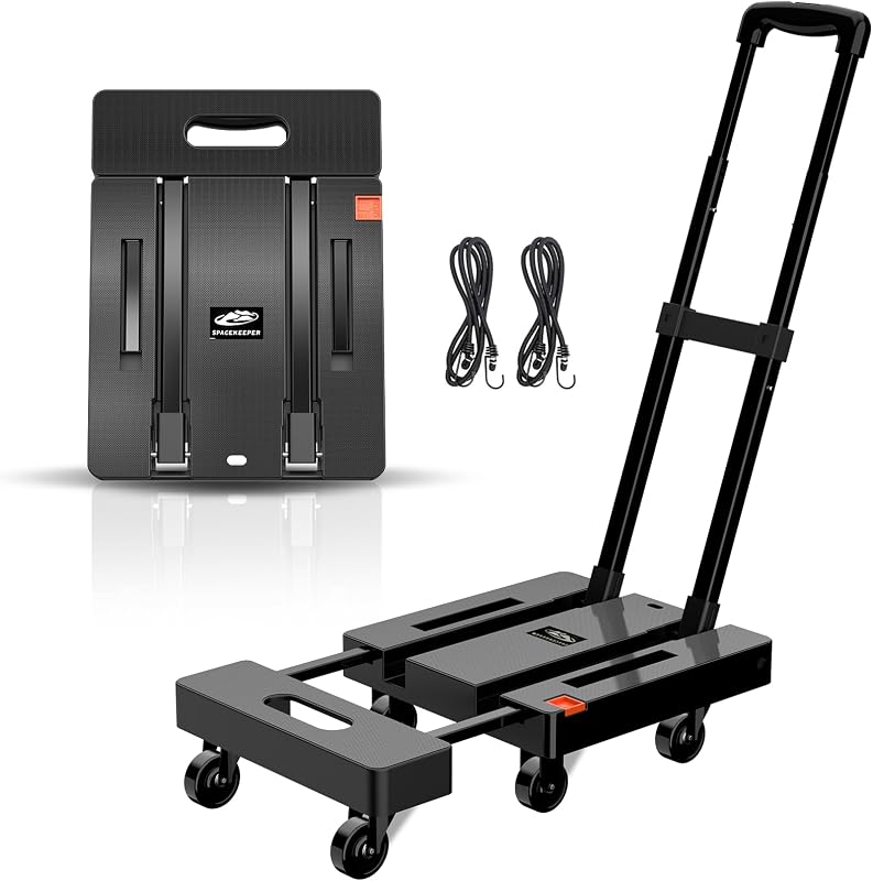 Carretilla de mano plegable SPACEKEEPER, carrito de equipaje resistente de 500 LB, negro | Carro de plataforma rodante utilitario con 6 ruedas y 2 cuerdas elásticas para equipaje, viajes, mudanzas, compras, uso en oficina