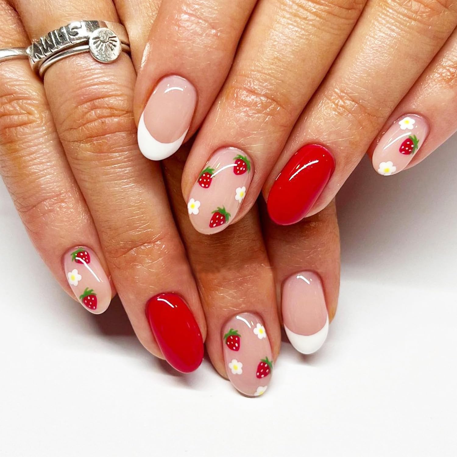 Strawberry Press on Nails Medium French Tips Fake Nails with Glossy Red Stick on Nail Fruit False Nails Flower Almond Acrylic Nail Full Cover