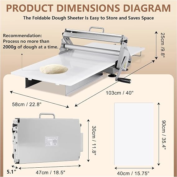 Manual Dough Sheeter Machine, 0.5-25mm Adjustable Thickness Stainless Steel Laminadora De Masa, Folding Dough Rolling Machine for Pizza Dough and Fudge Crust Croissants Dough - Home Commercial Use