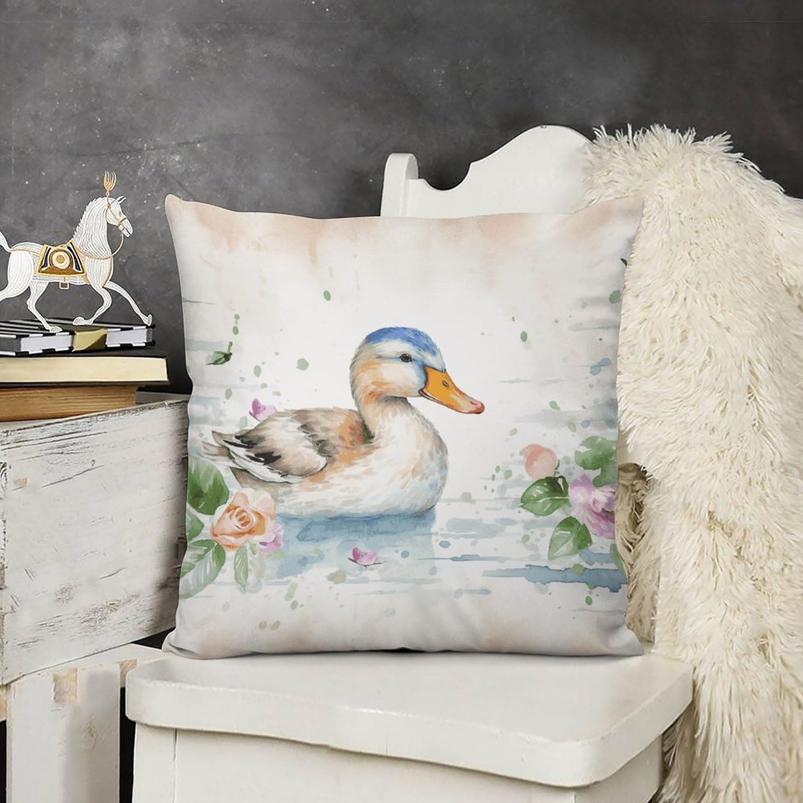 FodPand Decorative Watercolor Duck Throw Pillow Covers 20x20 Soft Plush Cozy Cushion Cases with Invisible Zipper Body Pillowcase Square Accent Pillow Shams for Couch Sofa Bedroom Living Room