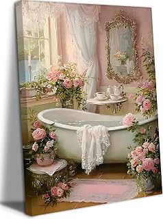 Pink Flowers Bathroom Canvas Wall Art Floral Botanical Painting Picture Wall Decor Vintage Bathtub With Farmhouse Floral Poster Print Artwork for Bathroom Restroom Home Decoration(16x24in Canvas)