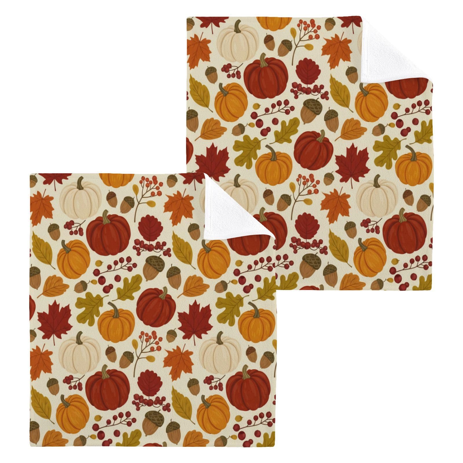 BOESI Autumn Pumpkin 12x12in Cotton Washcloth,Soft Absorbent Face Towel