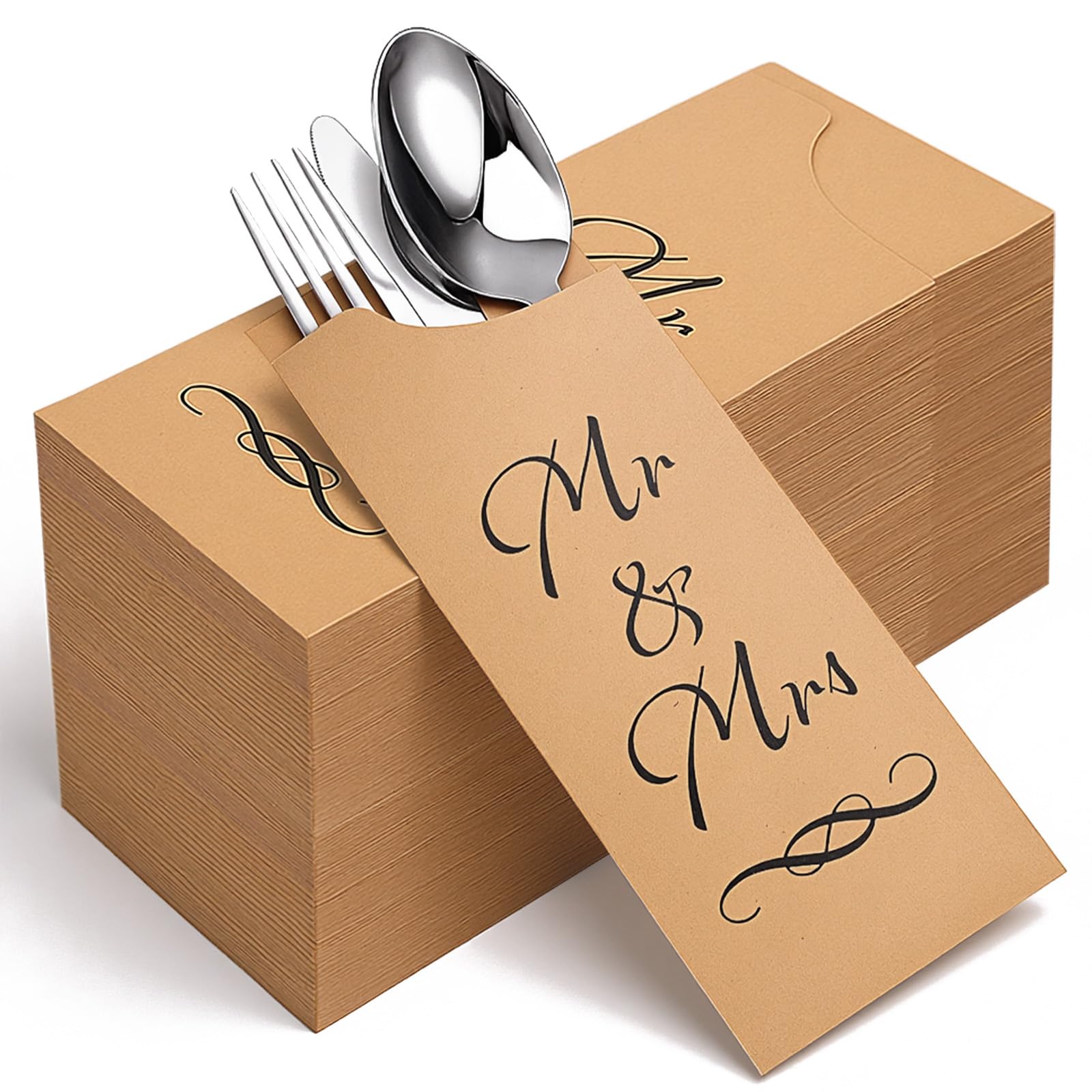 Lemecima 200 Pcs Mr and Mrs Paper Silverware Bags Wedding cutlery Sleeves Utensils Bag for DIY Wedding Silverware