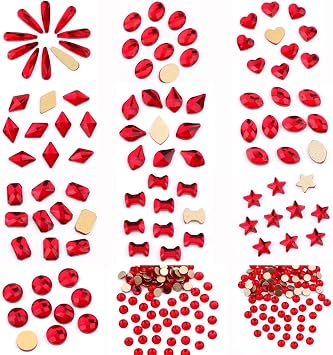 AD Beads 300 Pieces Red Flat Back Gems 11 Shapes Crystal Rhinestones 12 Sizes Rhinestones for Crafts Nail Face Art Clothes Shoes Bags DIYRed
