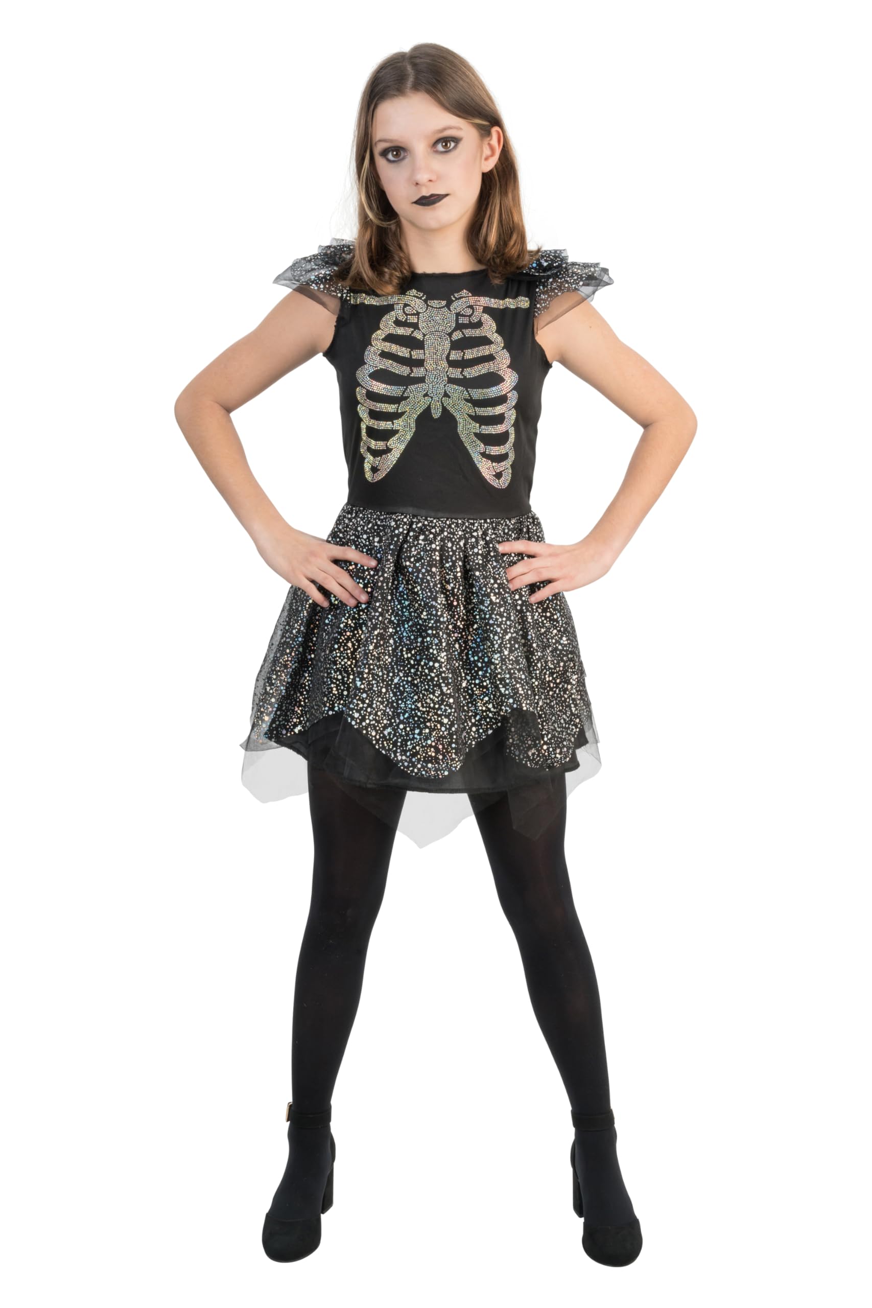 Chaks - Costume da scheletro per bambina con gonna glitterata, strass e tulle, abito per Halloween, Carnevale e feste a tema