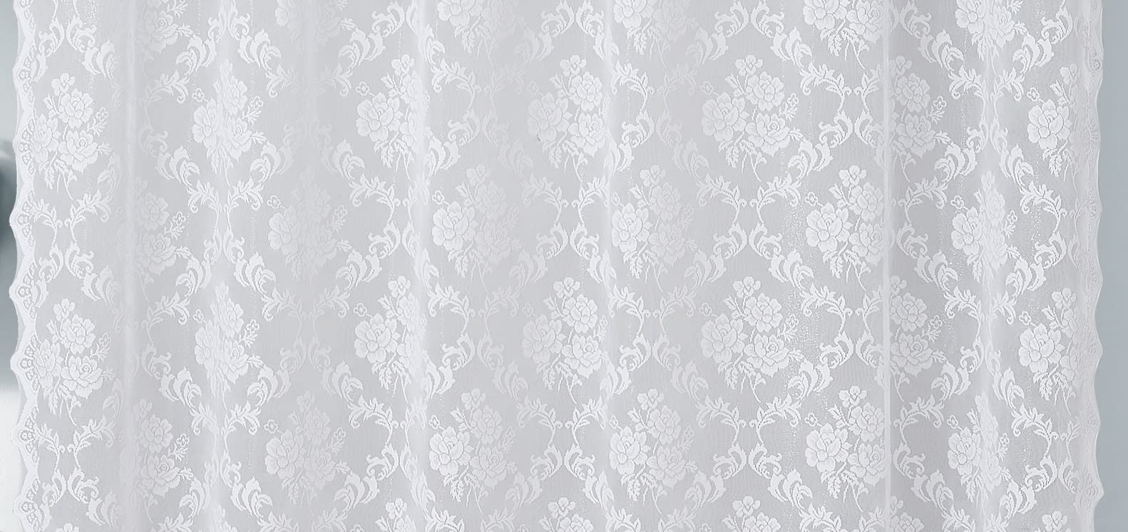 Warm Home Designs Cortina de ducha de encaje blanco con cenefa adjunta y borlas elegantes. 72 x 84 pulgadas extra larga para baño. Lujo para decoración única de baño. MSH blanco 84 pulgadas