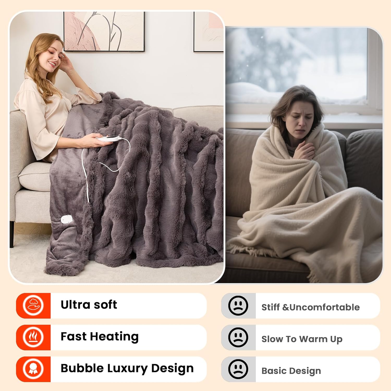 Heated Blanket Electric Throw - Soft Cozy Faux Fur Bubble Electric Blankets with 6 Time Settings, 8 Heating Levels, Fast Heating & Overheat Protection, Machine Washable (59" x 79", Gray)
