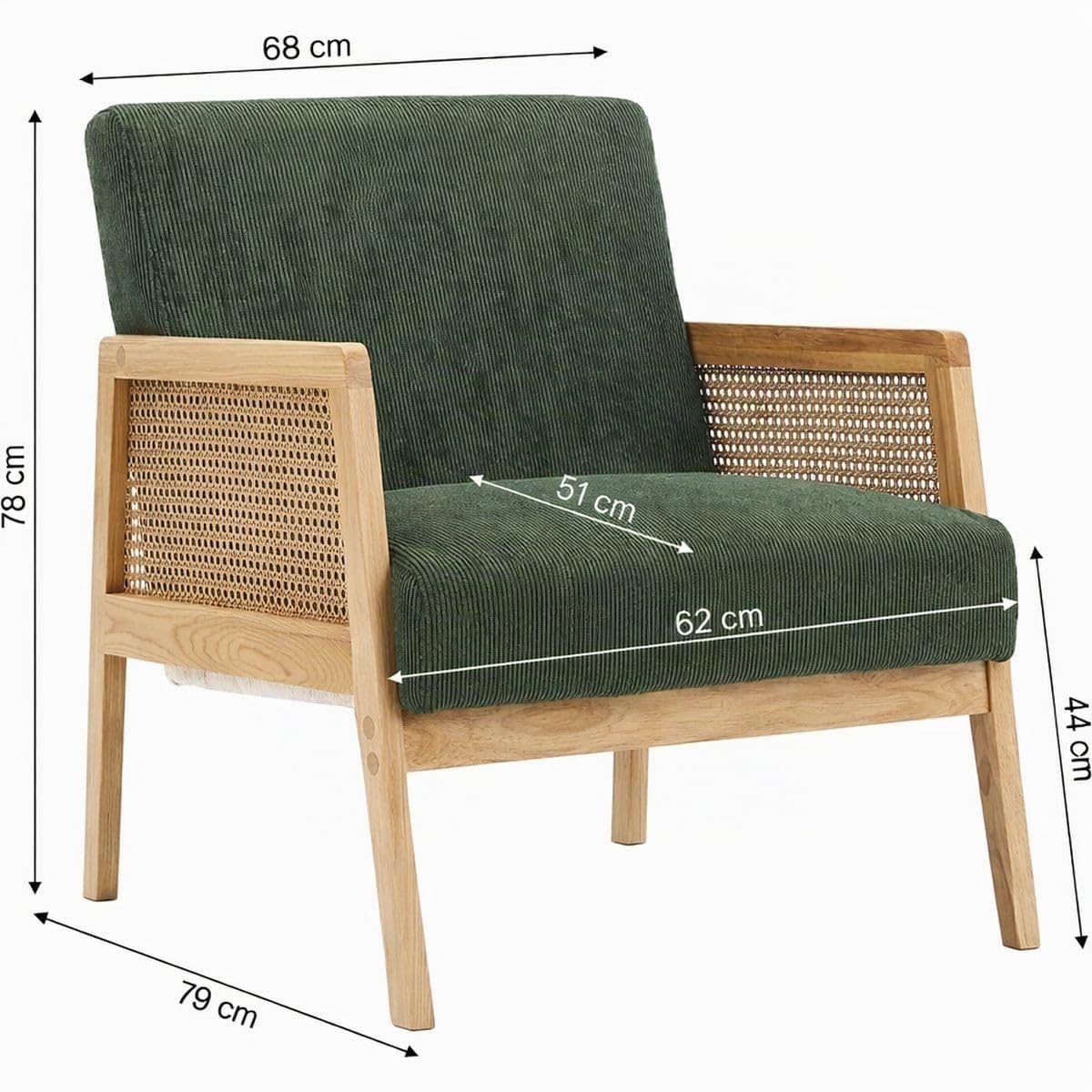 HOMIFAB Fauteuil en cannage et Velours côtelé Vert Kaki - Mani