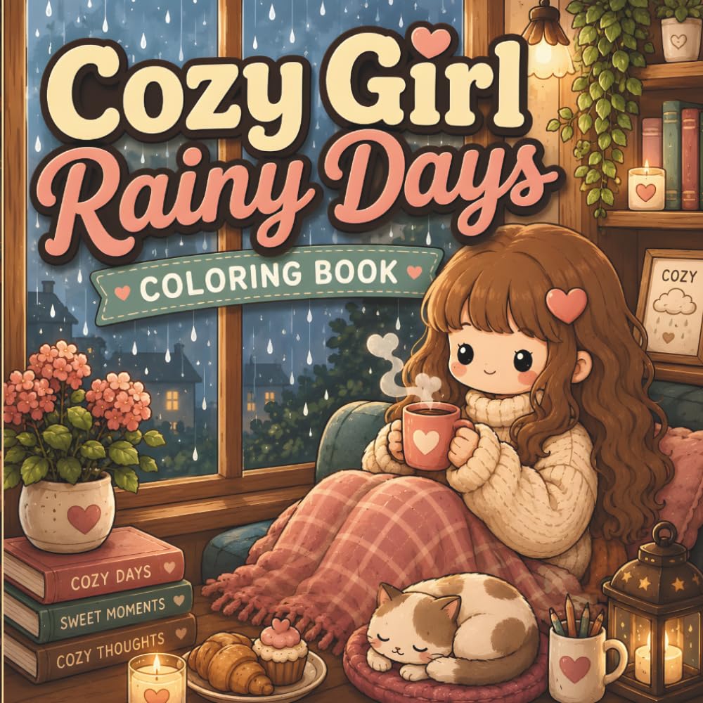 Cozy Girl Rainy Days Coloring Book: Cute Cozy Scenes for Relaxation Featuring Café Moments, Reading Nooks, Baking, Journaling, and Peaceful Everyday Comfort (30 Page Studio)