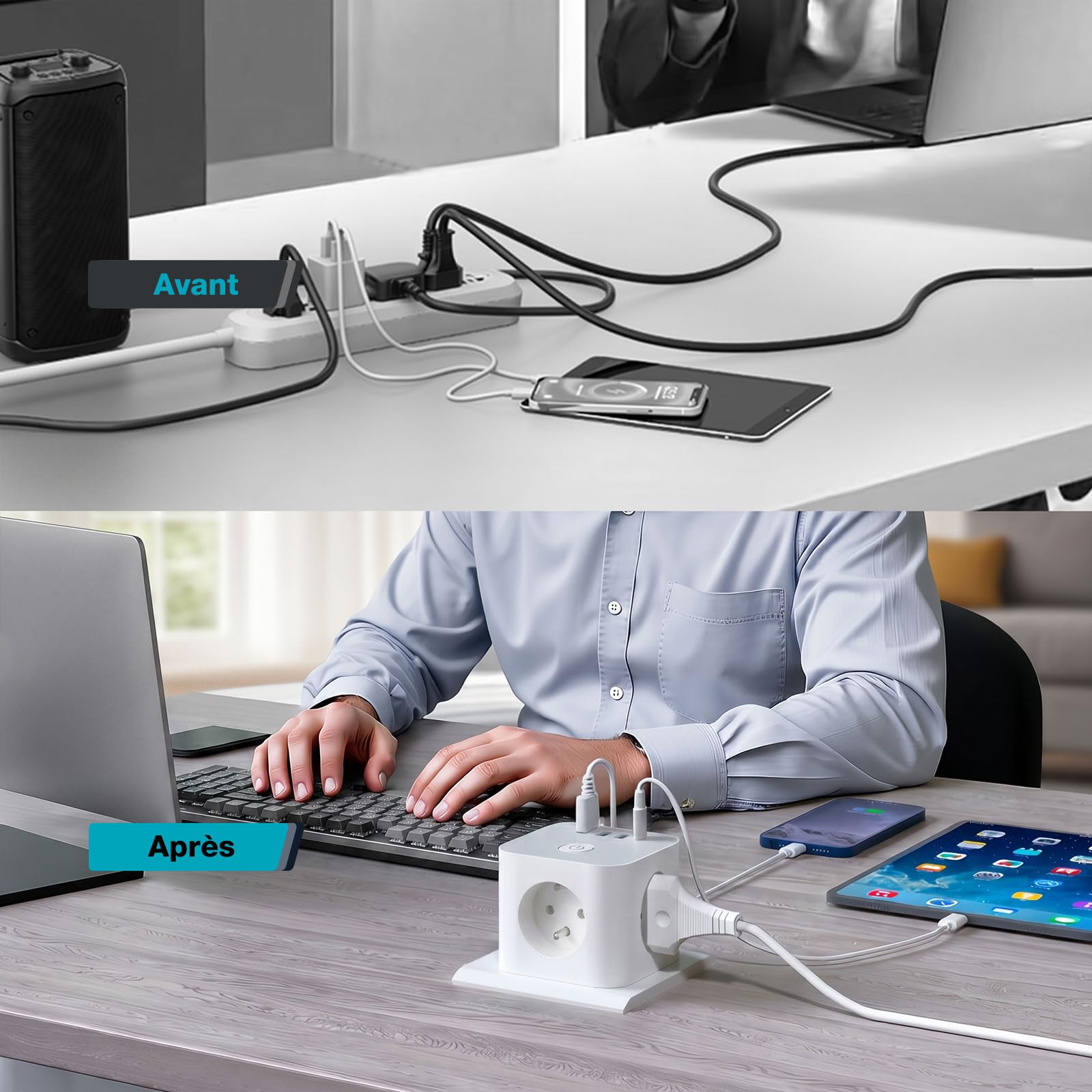 VEFVE Chargeur Rapide USB C 70W, Prise Multiprise Cube 7-en-1 avec Interrupteur, Technologie GaN III, Compatible Ordinateurs Portables, Tablettes et Smartphones