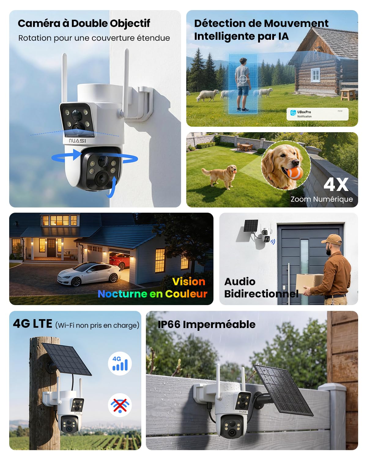 4G LTE Solaire Caméra de Surveillance Exterieure, Double Objectif 2K+2K Caméra avec Carte SIM, AI Détection Humaine PIR Vision Nocturne Couleur et Audio Bidirectionnel