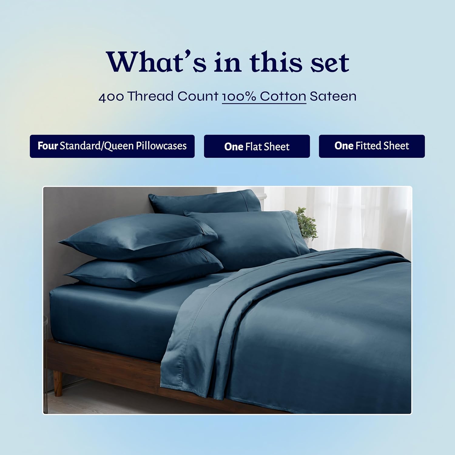 California Design Den 6-Pc Queen Size Sheet Set with 4 Pillowcases - 400 Thread Count 100% Cotton Sheets, Cooling Sateen Weave, Luxury Deep Pocket Bedsheets Set - Peacock Blue Queen 6pc Set 13 - Blue Peacock image 3 of 8 B08421QLJR