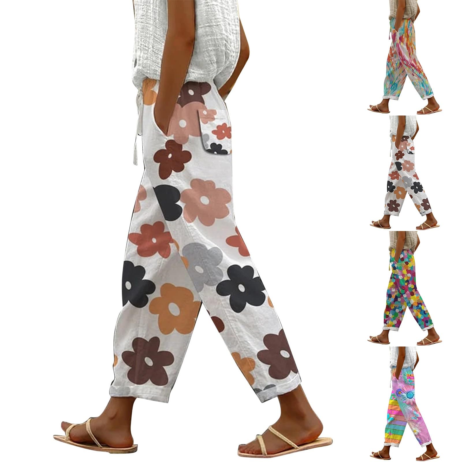 MJGkhiy Pantalon Lin Femme Long Élégant Pantalon de Plage Grande Taille Élastique Pantalon Large Décontracté Taille Haute Pantalon Jambe Large Léger Confortable Pantalon avec Poches