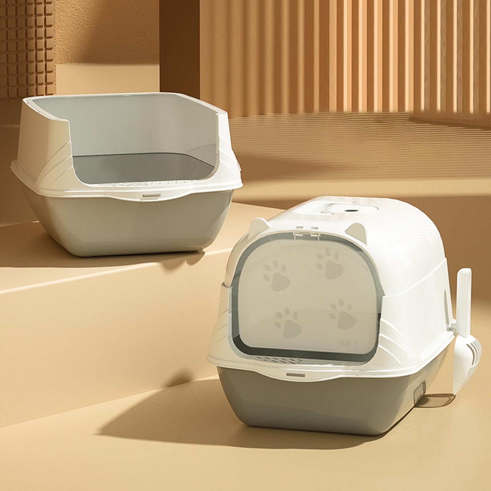 Katzenklo Geschlossene Katzentoilette Haubentoilette Katzenstreu Box mit Schaufel Enclosed Tragbare Toilettenschale Dicht Schließende Tür, GRAU