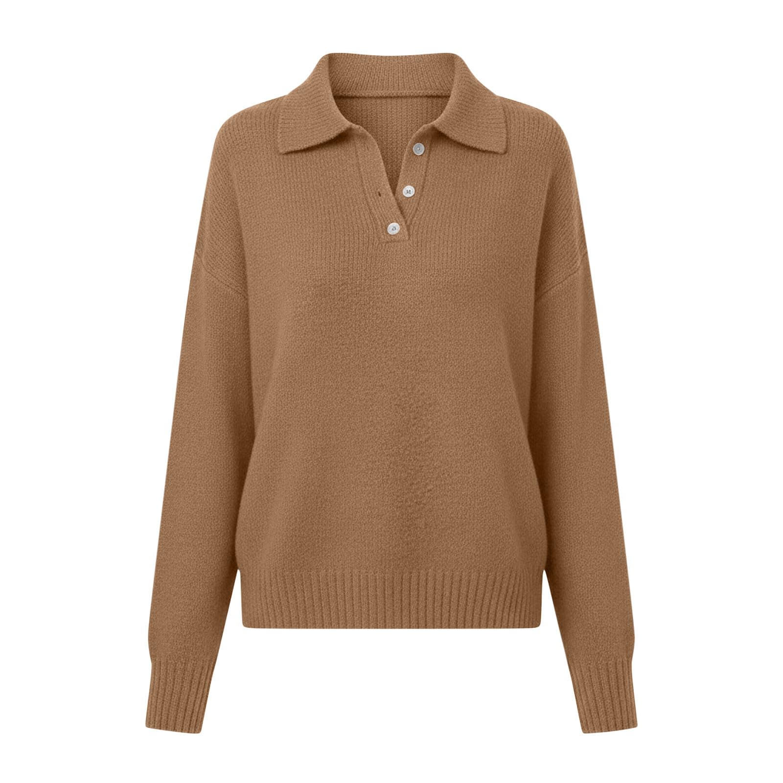 Pull élégant pour femme - Col polo - Pull en tricot - Grandes tailles - Manches longues - Décontracté - Couleur unie