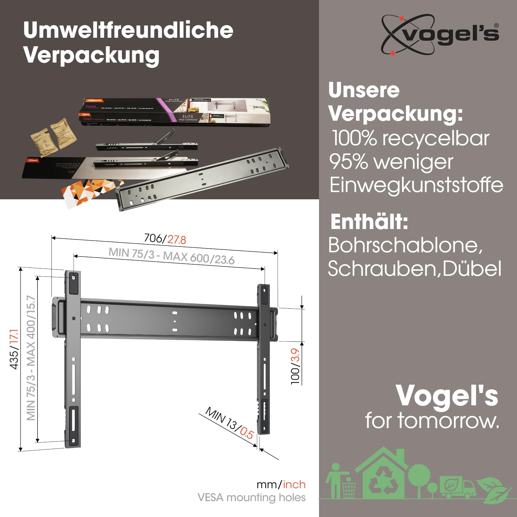 Vogel's Elite TVM 5705 Ultraflache Feste TV-Wandhalterung fur 40-110 Zoll | Nur 13mm Wandabstand, Innovative Einhängehilfe Für Die Sichere Montage Großer TVs, Max 100kg, TÜV-geprüft, VESA Bis 600x400