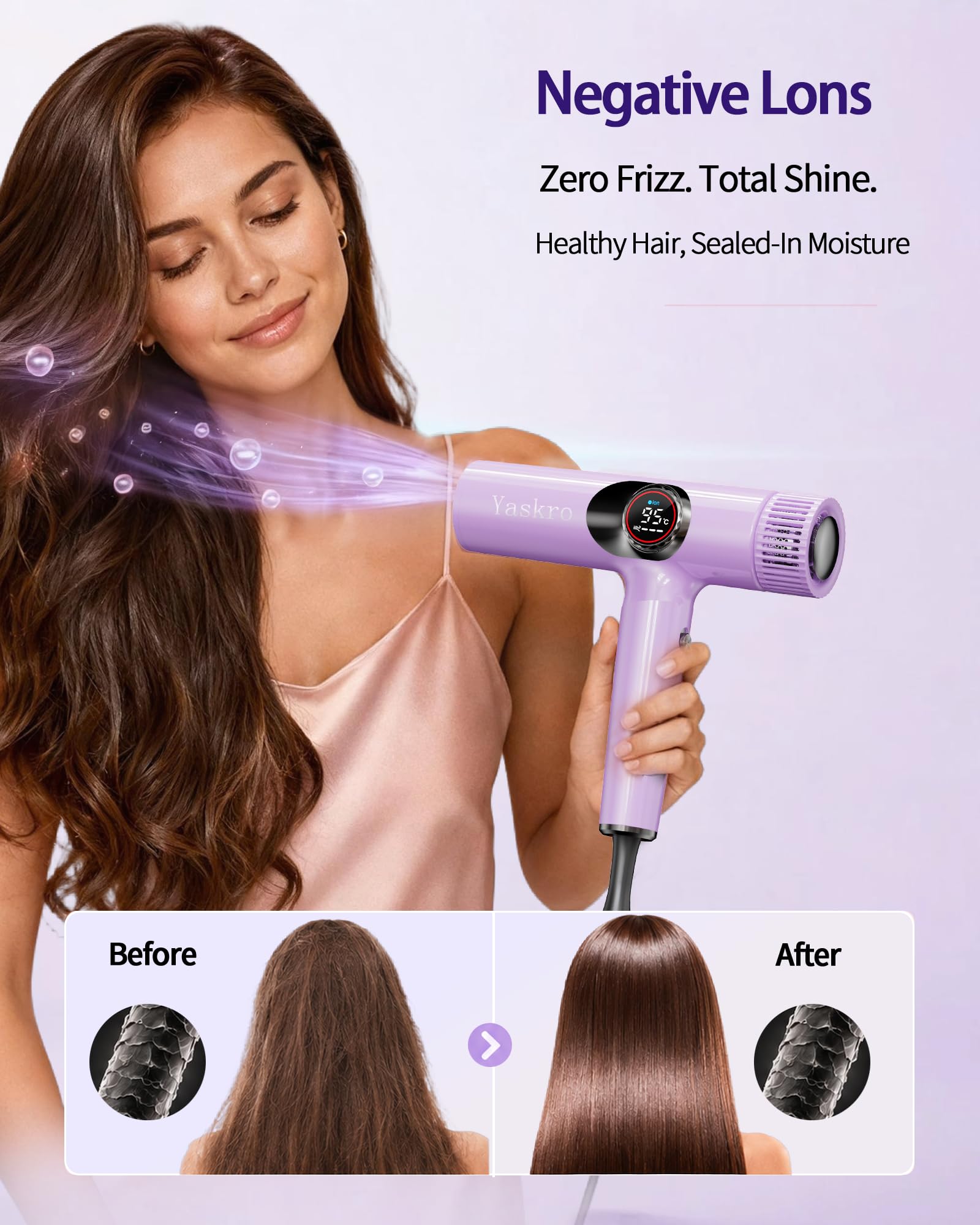 Ionen-Haartrockner mit Diffusor, professioneller bürstenloser Motor für schnelles Trocknen, LED-Display, NTC-Temperaturkontrolle, leise und leicht, mit Selbstreinigungsfunktion, für alle Haartypen