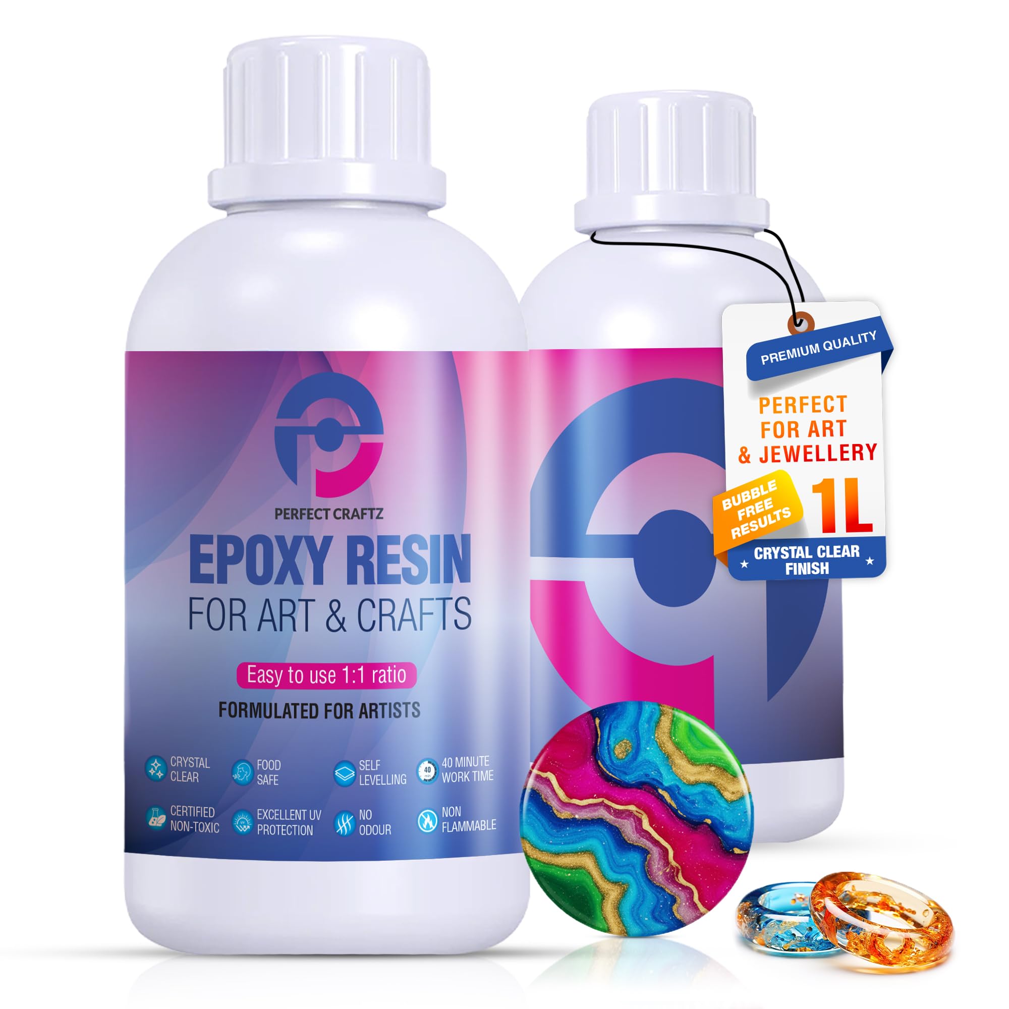 Epoxy Resin Kit 1L – Crystal Clear 2 Part Resin & Hardener, Food Safe & UV Resistant, Bubble Free Self-Leveling Casting & Coating for Art and Craft, Jewellery Making, Decor Items