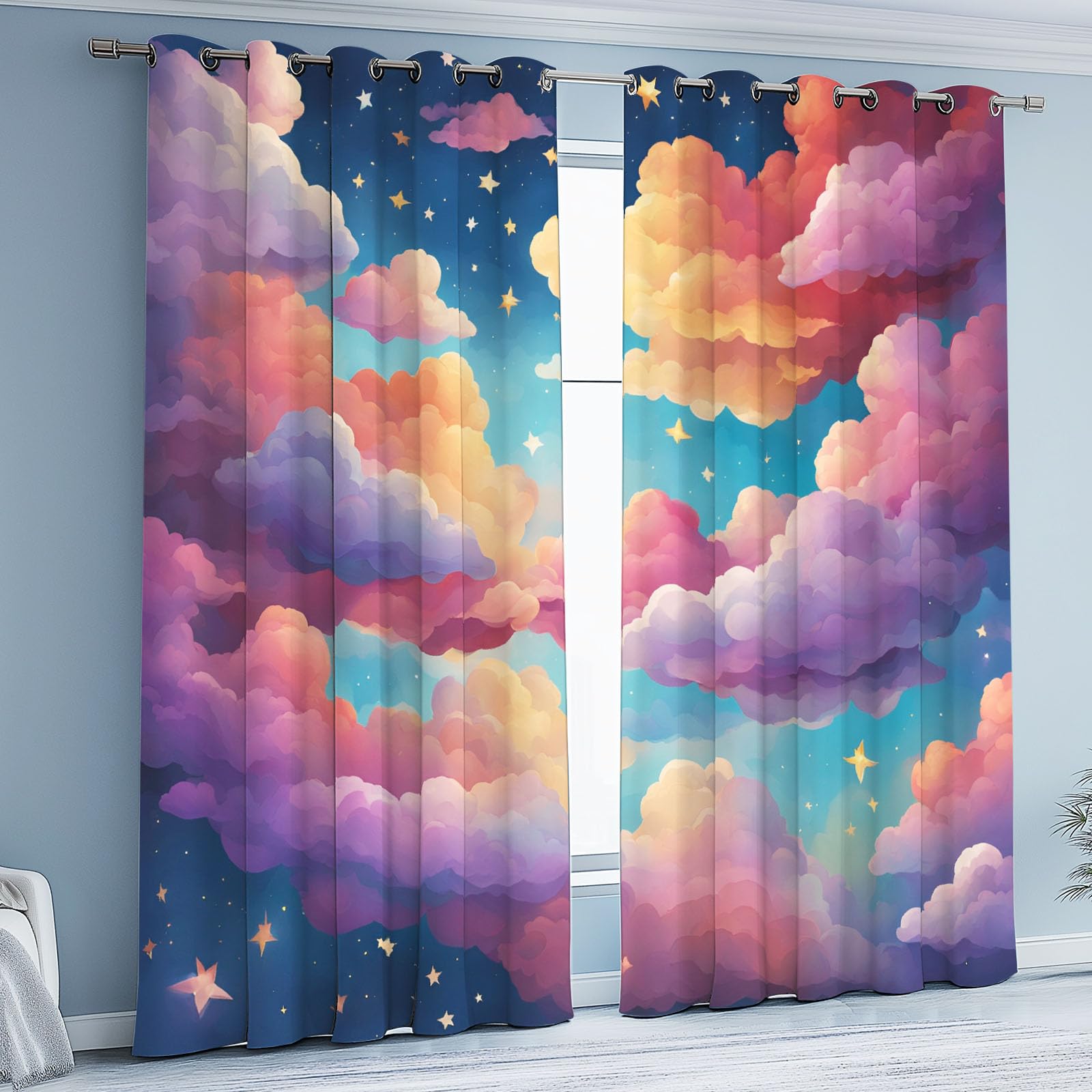 Rideaux Occultant À Oeillets Colorés Nuage Lot De 2 Fantaisie Enfant Rideau Thermiques Anti Froid Ciel Étoilé Rideau Opaque 140x145 cm pour Chambre Salon Chambre Bebe