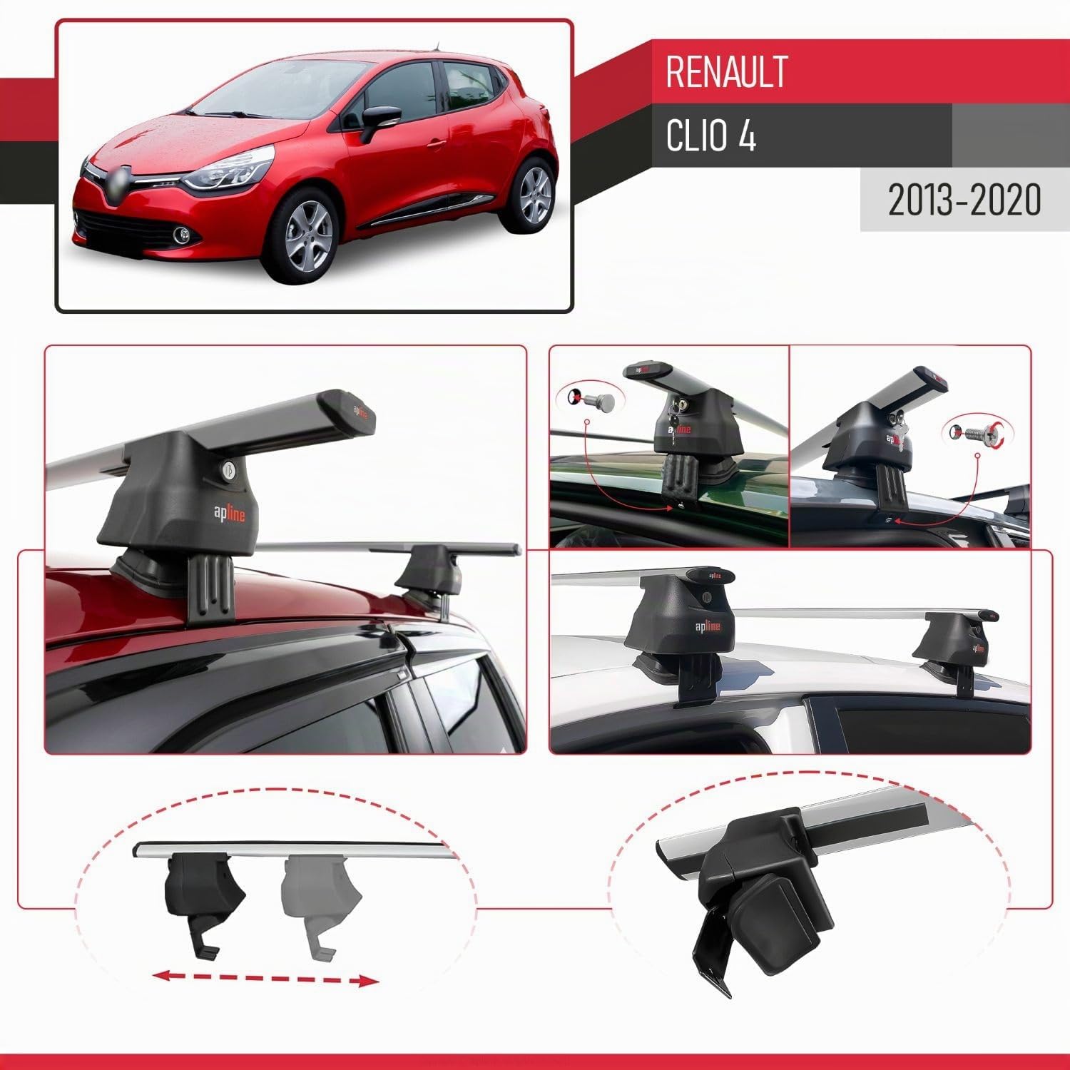 Compatible con Renault Clio 4 2013-2020 Ace-4 Barras de Techo Auto Portaequipajes Barras Transversales Gris Aluminio 2 Barras
