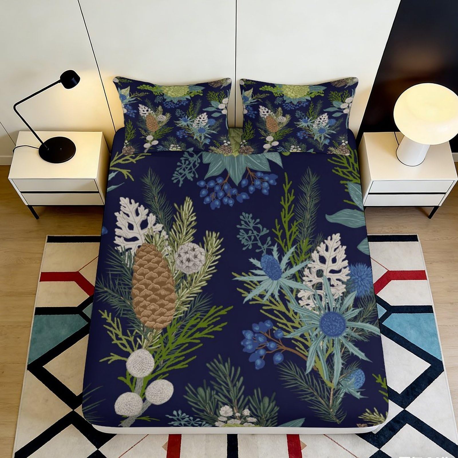 3D Printed Pinecone Forest Fitted Sheet Microfiber Navy Blue Botanical Mattress Cover for Bedroom Guest Room Home Decor 160x200x25cm