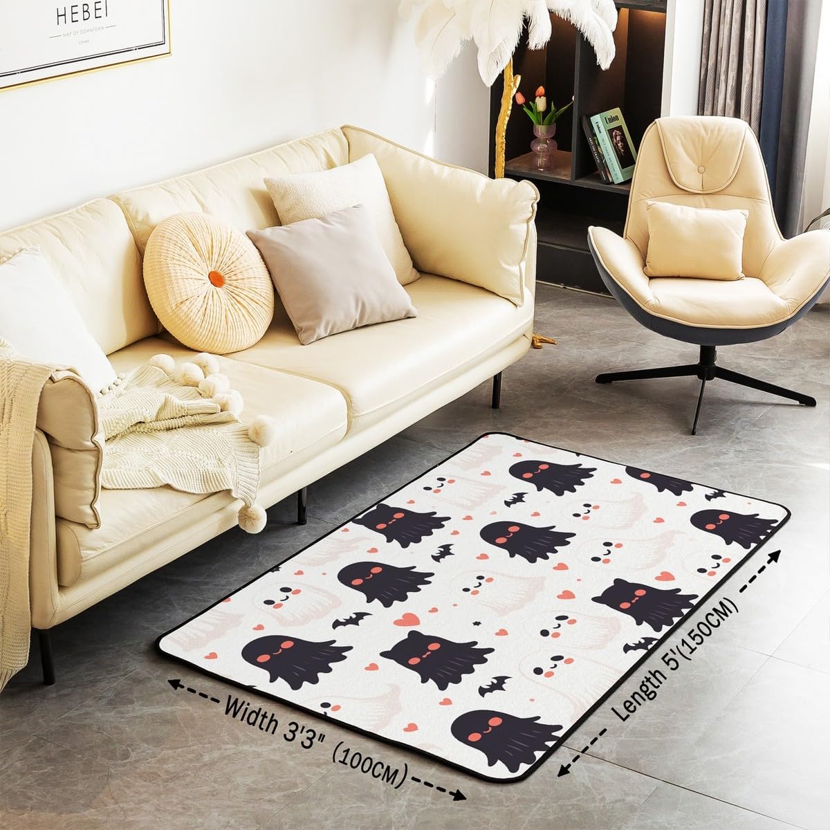 Feelyou Kids Cartoon Cute Ghost Living Room Rugs Halloween Theme Ghost Bats Area Rug 3x5 Teens Boys Girls Room Decor Black White Ghost Decorative Carpet Black Bats Accent Rug