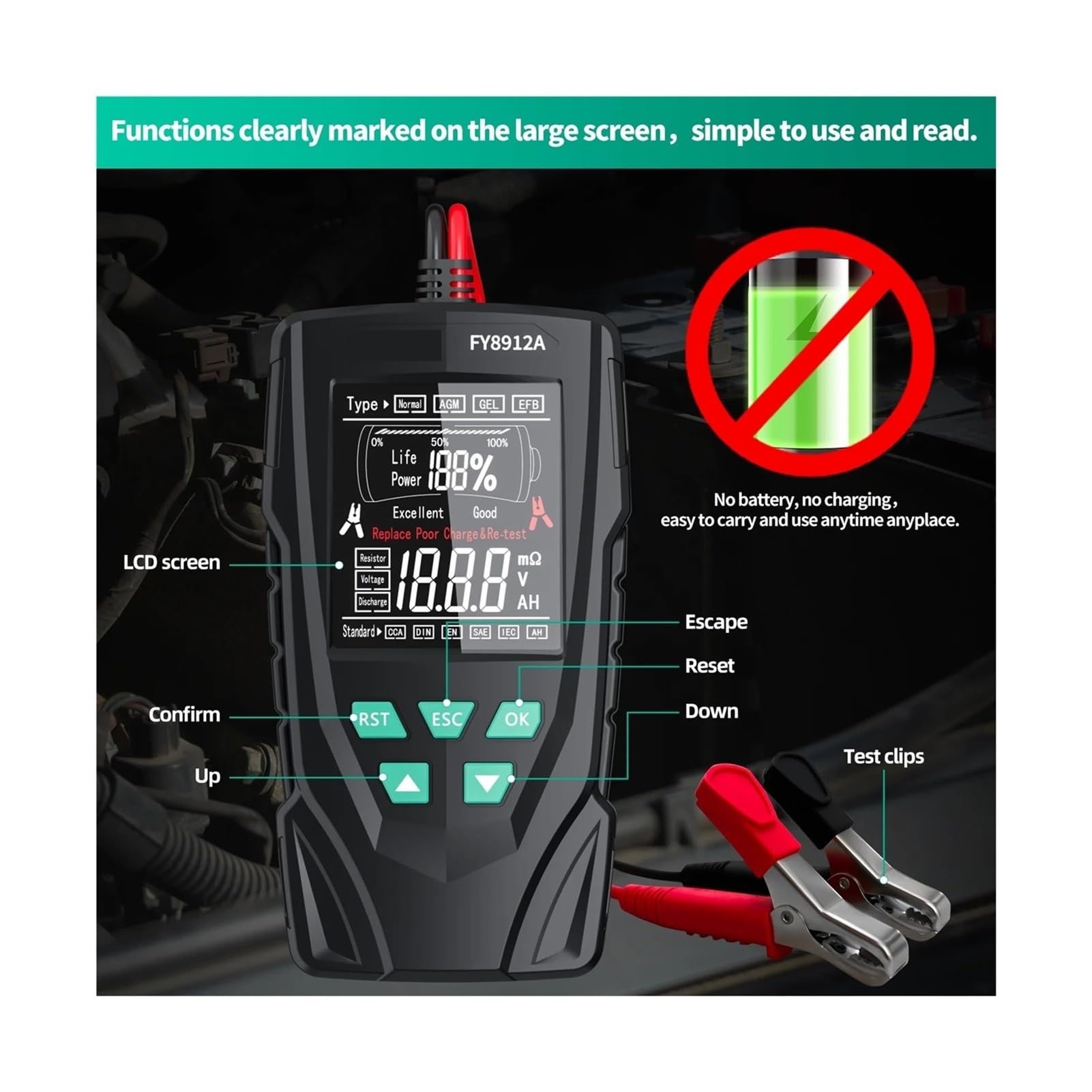 Comprobador de baterias Probador de batería de Coche FY8912A, 12 V/24 V, for monitoreo de batería de Coche, Motocicleta, camión, comprobador de Carga y Capacidad de batería.(FY8912B)