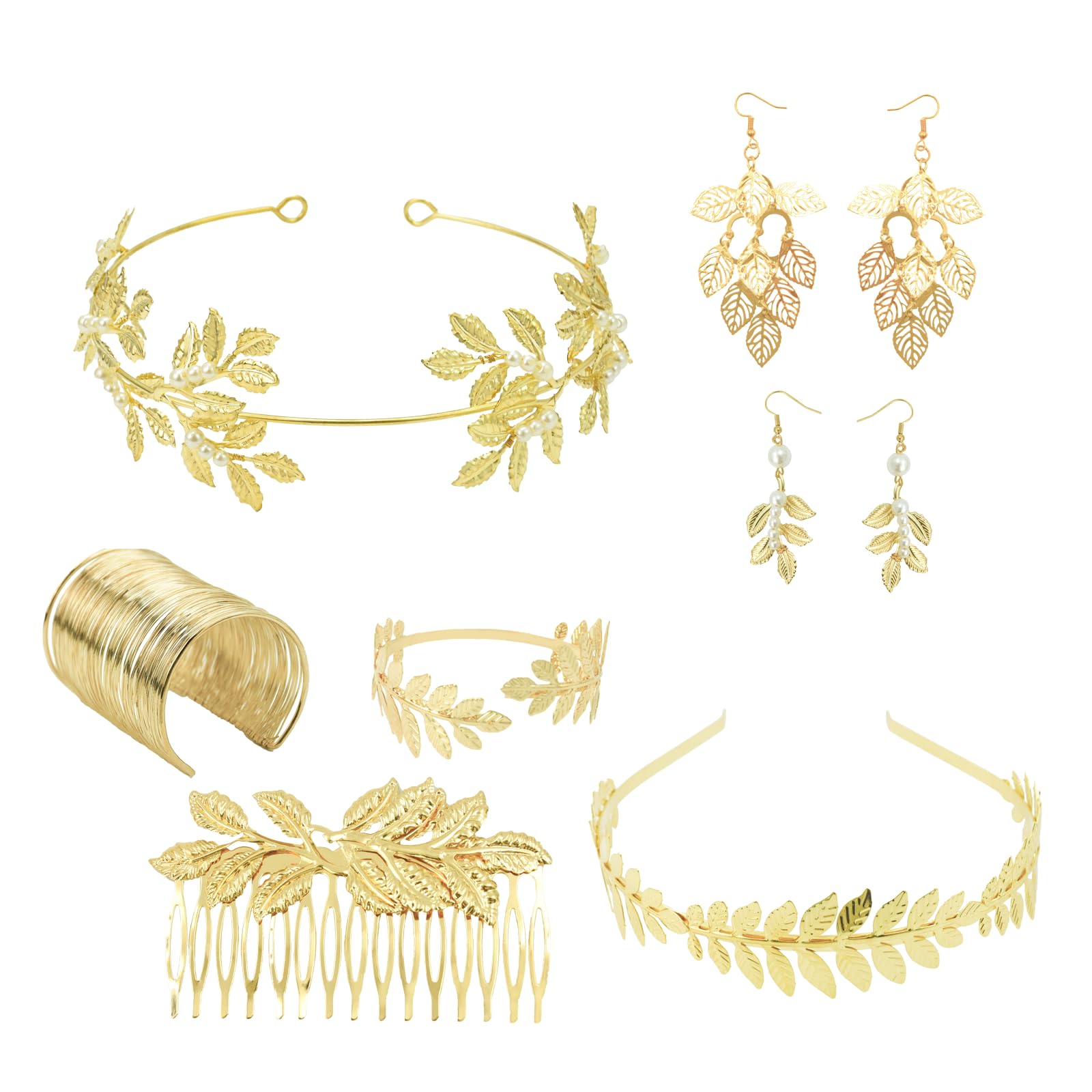 Coriver Juegos de Joyas de Diosa Griega, 6 Piezas Accesorios para Mujer, Laurel Hojas Corona Tiara Peine del Pelo Brazaletes Pulsera Bobina Pendientes, Disfraz para Fiesta de Boda Fiesta Toga