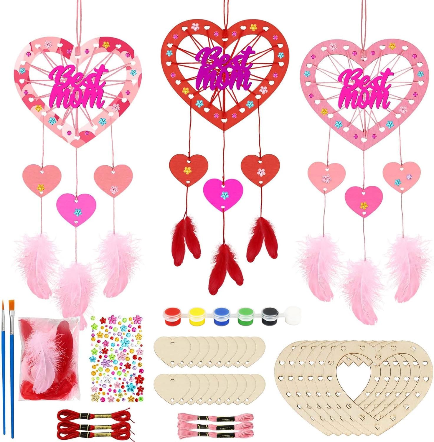 WEDNOK6 Pack MOM Dream Catcher Craft Kit for Kids Paint You Own Mother's Day Dream Catcher DIY Coloring Wooden Art and Craft for Art Activity Project Mom's Birthday Decoration Mum Gifts