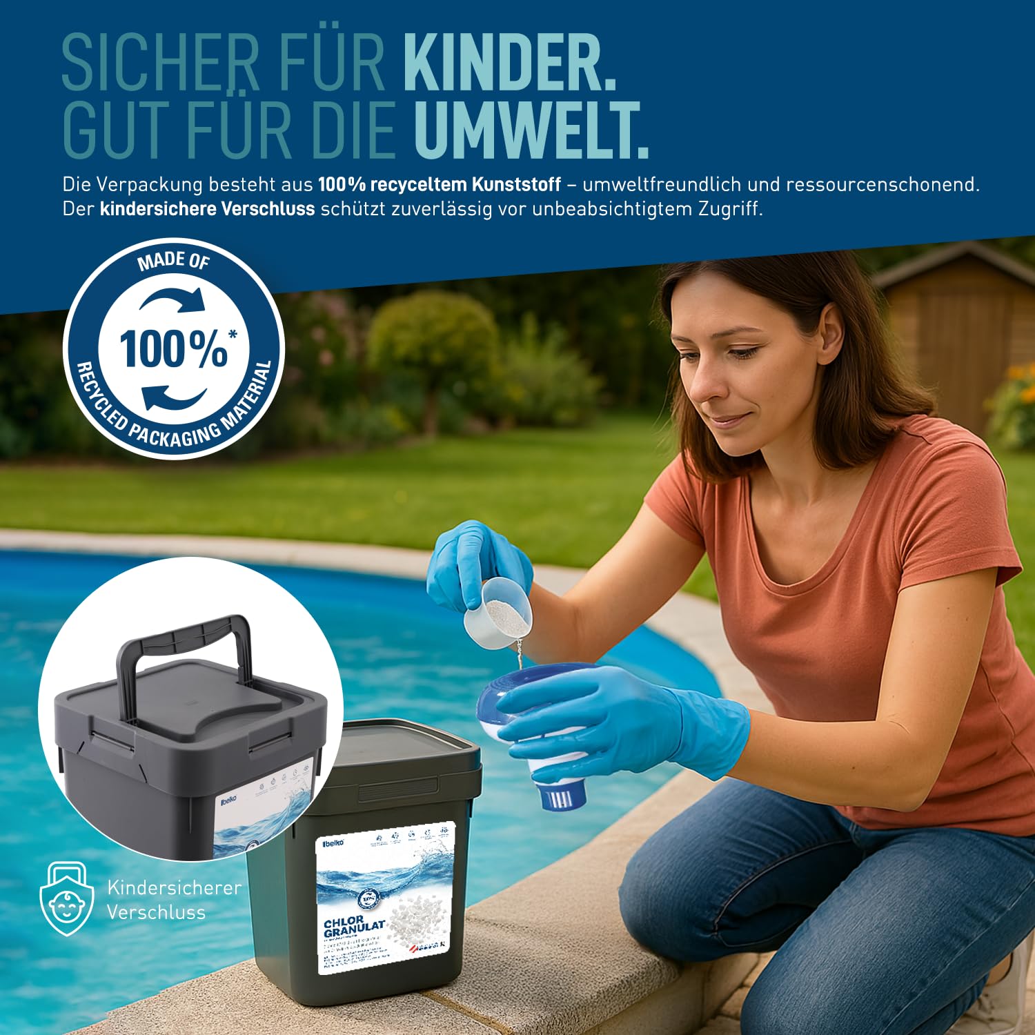 Belko® Chlorgranulat für Pool 5kg, schnelllöslich zur Schnellen Anhebung des Chlorgehaltes, Sichere und schnelle Desinfektion - für Pools, Aufstellpools, Whirlpools, Planschbecken