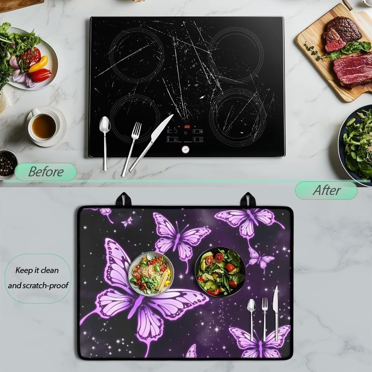 Stove Top Covers for Electric Stove Purple Butterfly Countertop Protector Mat Non-Slip Cooktop Protector Anti-Slip Waterproof Mat for Glass Stove Top Protector Dish Drying Mats for Kitchen