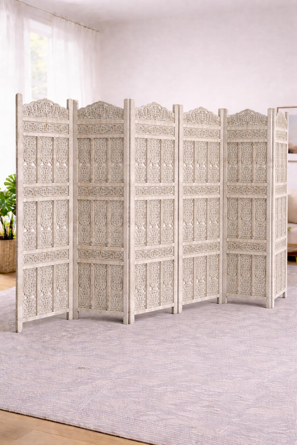 Home & Goods International Wooden Room Divider Folding Partition Screen Decorative Privacy for Living Room, Office, Studio, Dining Area, Balcony ~ Kangra Badrun, Distressed White (6 Panel)-image-25