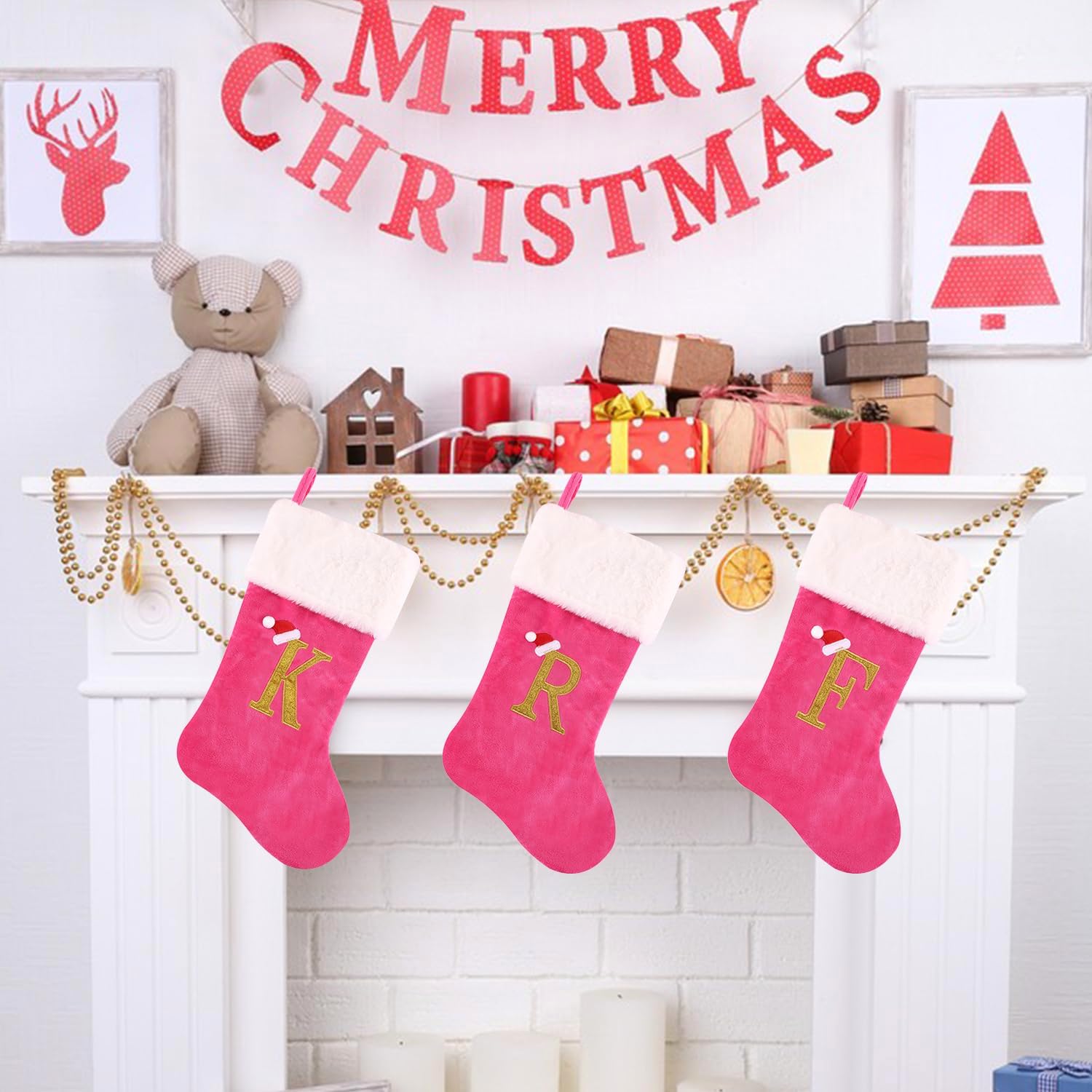 20-inch Personalized Pink Faux Velvet Stocking with Embroidered Gold Letter – Luxurious Christmas Decoration and Gift, Plush Finish (Pink-G) - Image 5