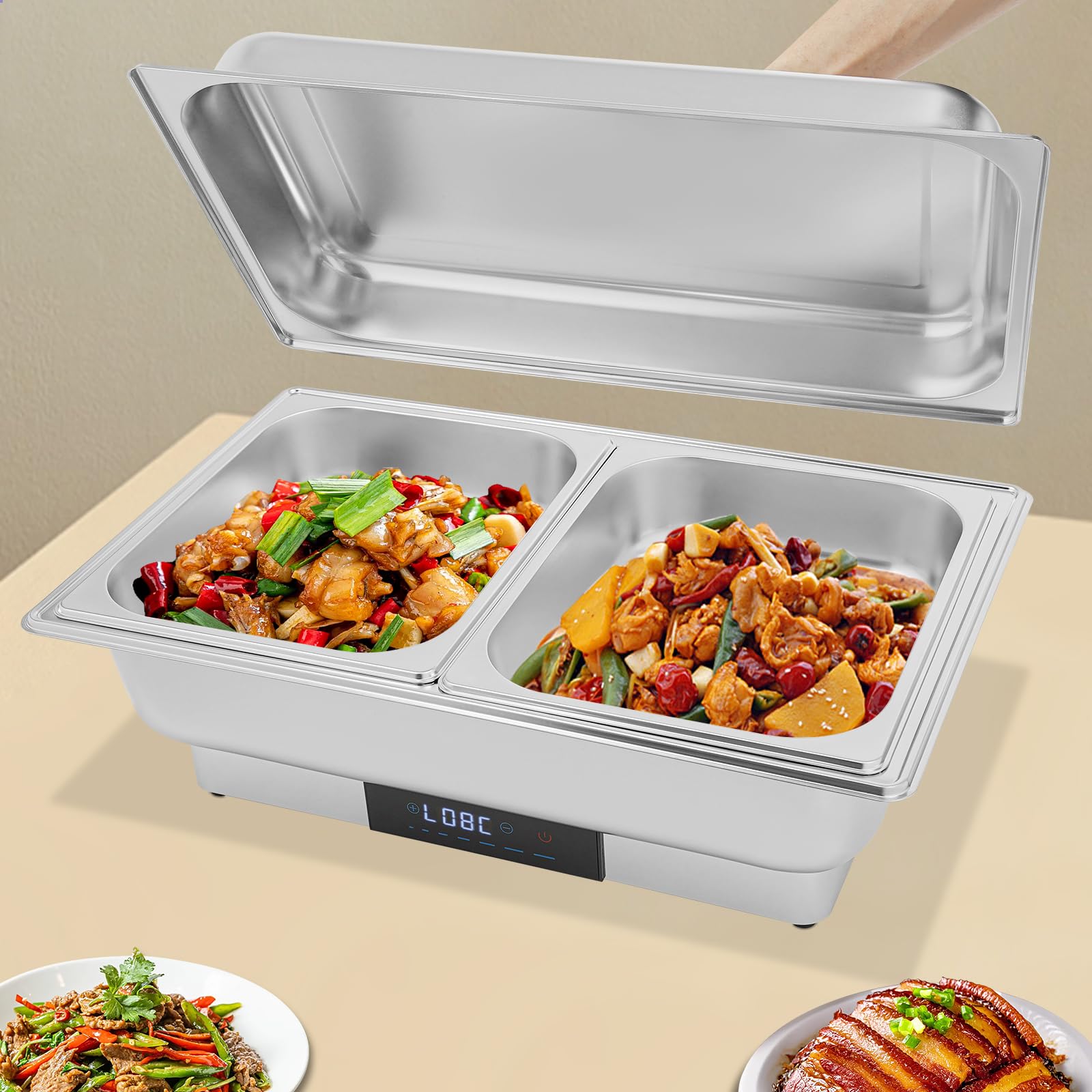 Calentador de buffet eléctrico, calentador de alimentos, buffet Chafing Dish, acero inoxidable, con control de temperatura para catering y buffet, 600 W, 9 l, para platos fríos y calientes