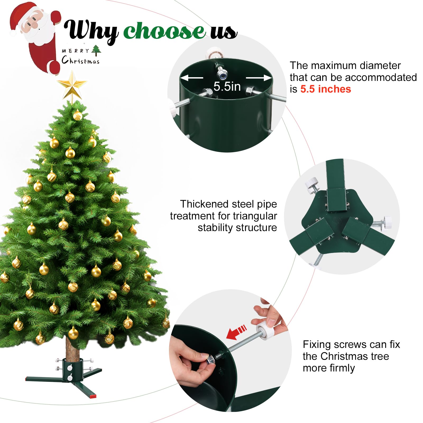Soporte para árbol de Navidad, soporte resistente desmontable para árbol de Navidad, adecuado para troncos de 3 a 5.5 pulgadas, base adecuada para abeto de pino y álamo de 4 a 10 pies (verde)