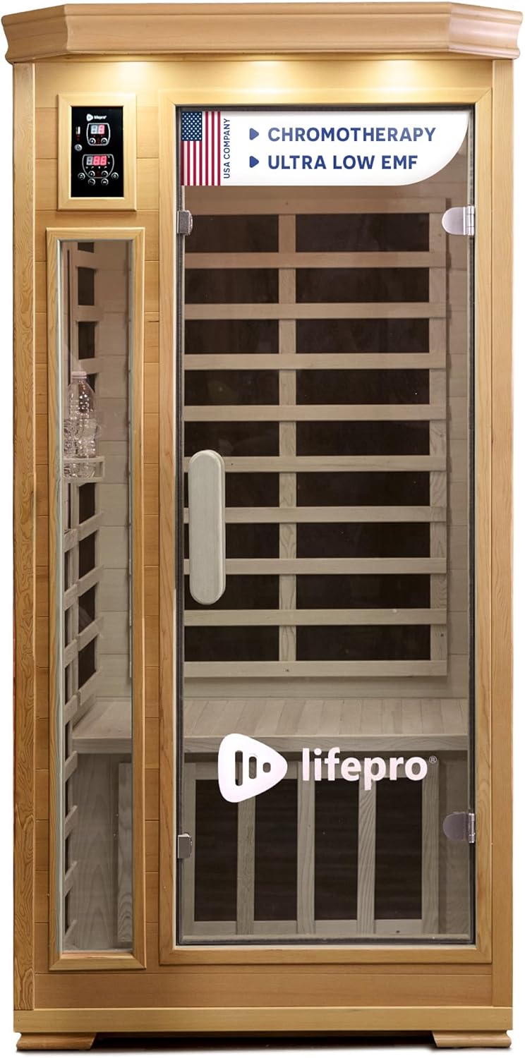 LifePro Rejuvacure Low-EMF Wooden Far Infrared Sauna for Home - Tempered Glass Door 1 Person Indoor Sauna Box with 7 Chromotherapy, Bluetooth Speakers, Canadian Hemlock Wood and Carbon Fiber Heaters