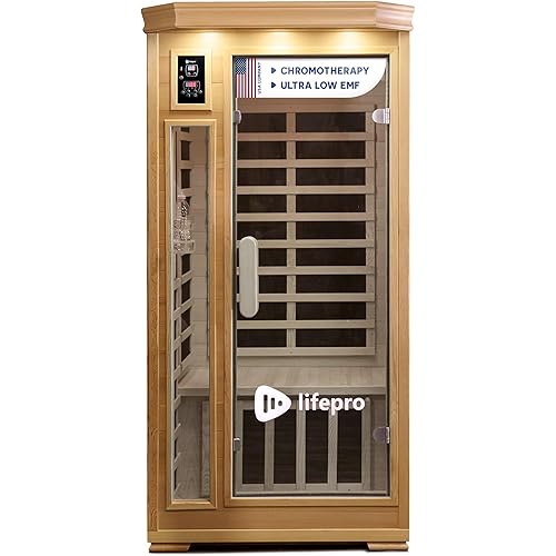 LifePro Rejuvacure Low-EMF Wooden Far Infrared Sauna for Home - Tempered Glass Door 1 Person Indoor Sauna Box with 7 Chromotherapy, Bluetooth Speakers, Canadian Hemlock Wood and Carbon Fiber Heaters
