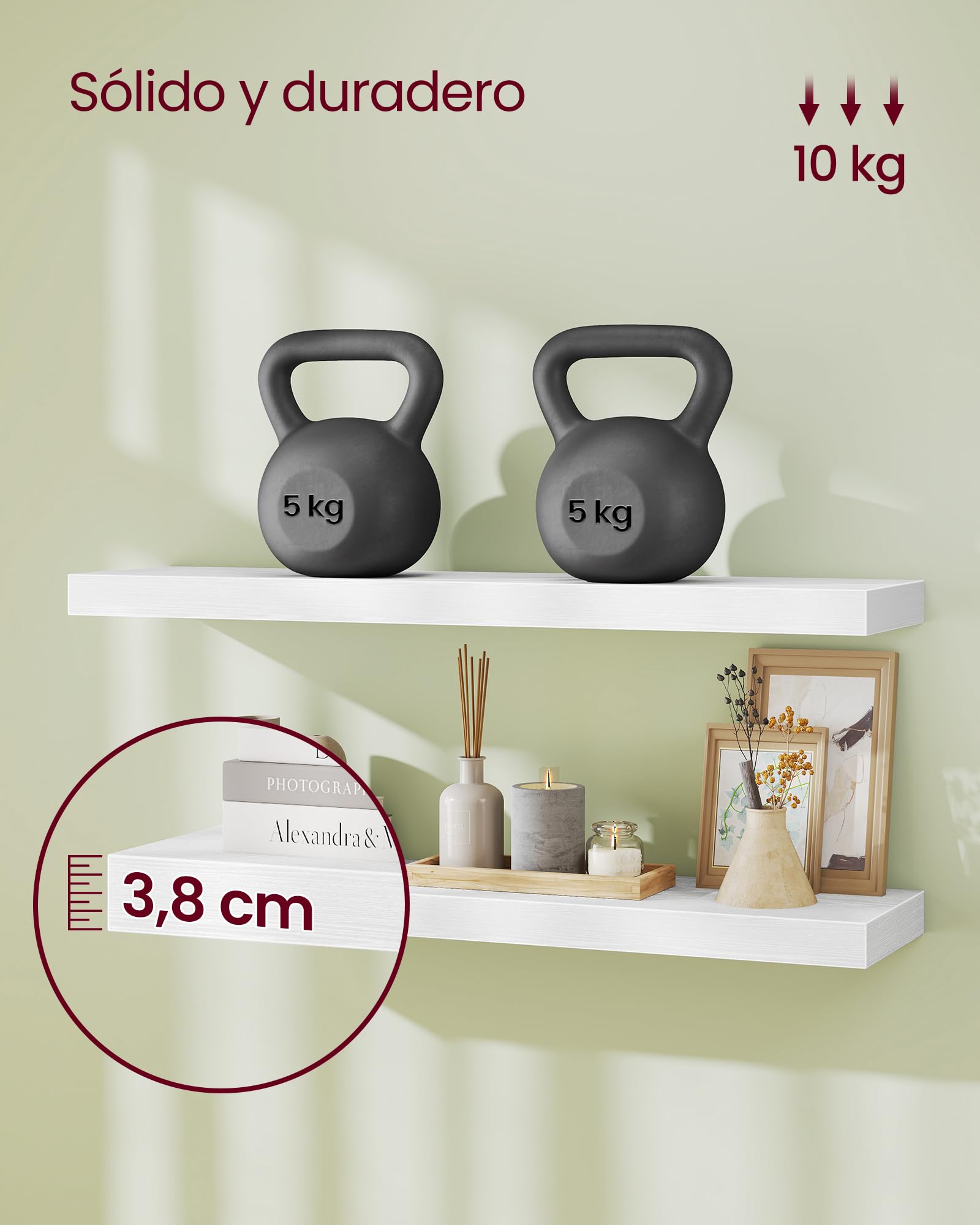 VASAGLE Estante de Pared, Juego de 3, Estante Flotante, 20 x 80 x 3,8 cm, Balda de Pared para Marcos de Fotos, Decoración, para Salón, Estudio, Cocina, Blanco Nieve LWS028WE01-3J