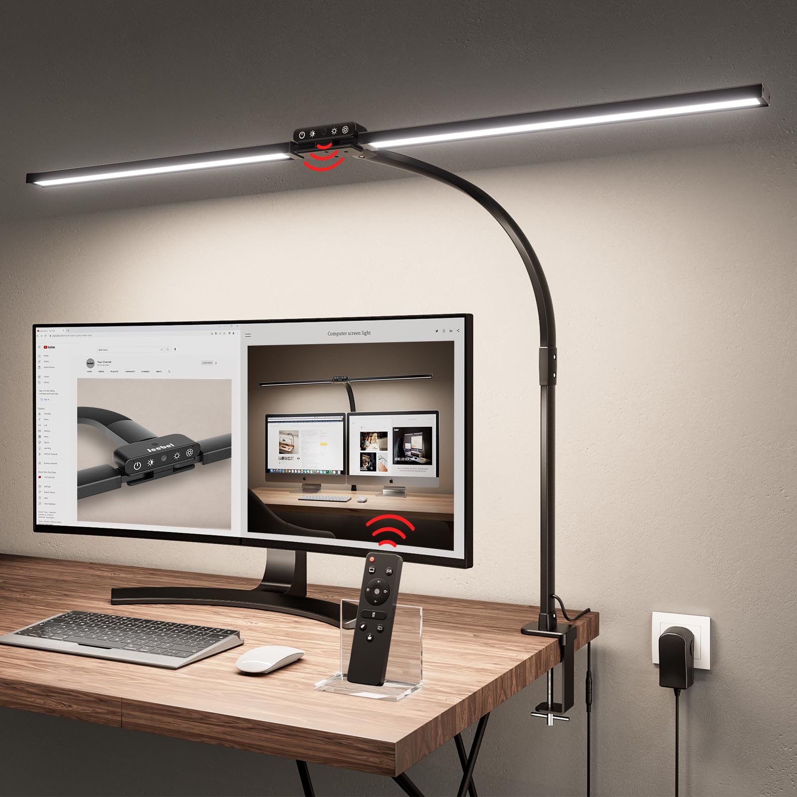 Jeebel LED Clamp Desk Lamp 24W 80 cm Double Head Lamp with Clamp 9.5 cm, Remote Control, Rotate 360°, 1800LM Computer Light for Painting, 10 Colour Temperature 10 Levels Brightness