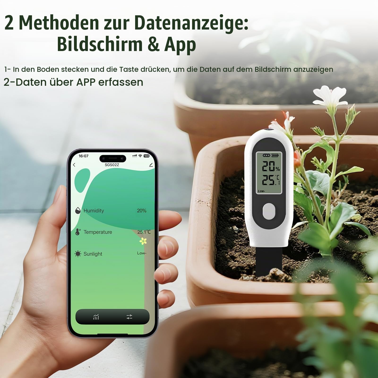 GIEX Zigbee 3-in-1 Bodenfeuchtesensor, 2er-Pack, für Garten mit Temperatur- & Lichtmessung, kompatibel mit Tuya Smart App & Home Assistant